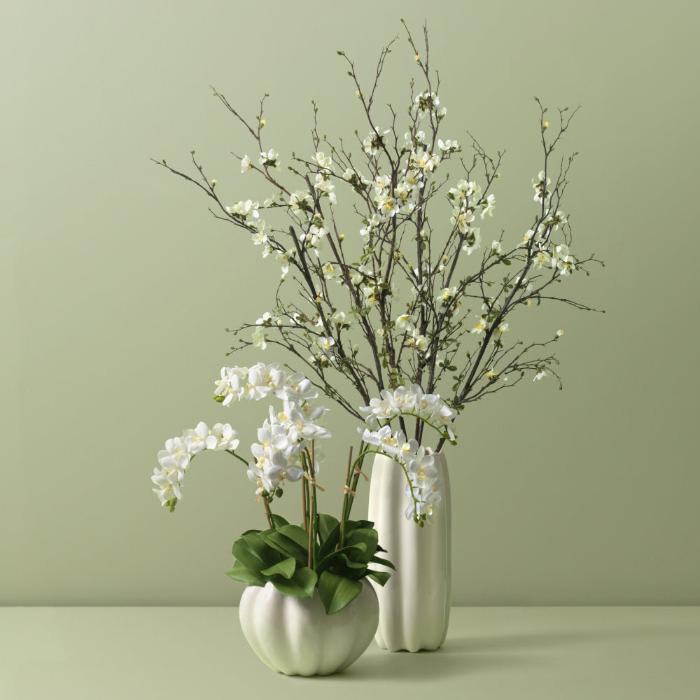 White Quince Blossoms in Mirabelle Tall Vase- Diane James Home | Faux Floral Couture Handmade In The USA