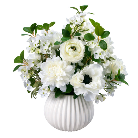 Dahlias and Anemones in White Ceramic Vase- Diane James Home | Faux Floral Couture Handmade In The USA