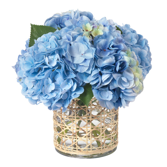 Blue Hydrangeas in Cane Vase- Diane James Home | Faux Floral Couture Handmade In The USA