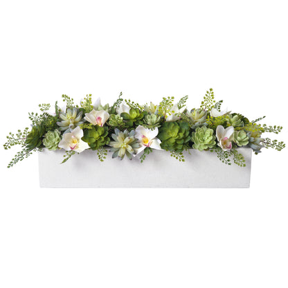 Succulents and Orchid Blossoms in White Trough- Diane James Home | Faux Floral Couture Handmade In The USA