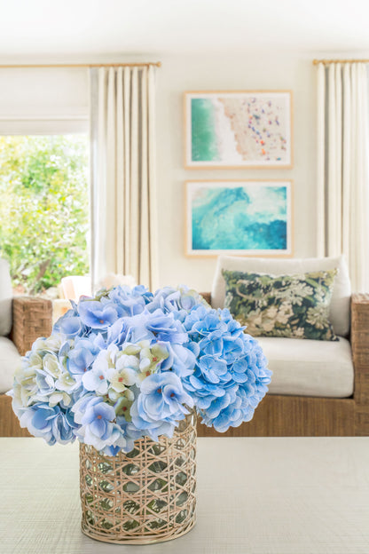 Blue Hydrangeas in Cane Vase- Diane James Home | Faux Floral Couture Handmade In The USA