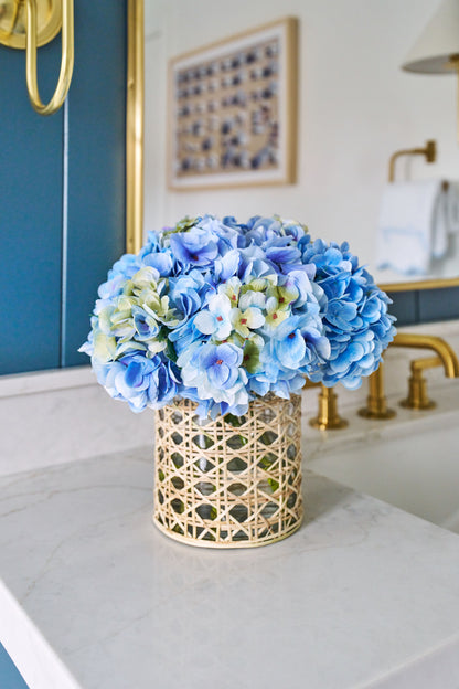 Blue Hydrangeas in Cane Vase- Diane James Home | Faux Floral Couture Handmade In The USA